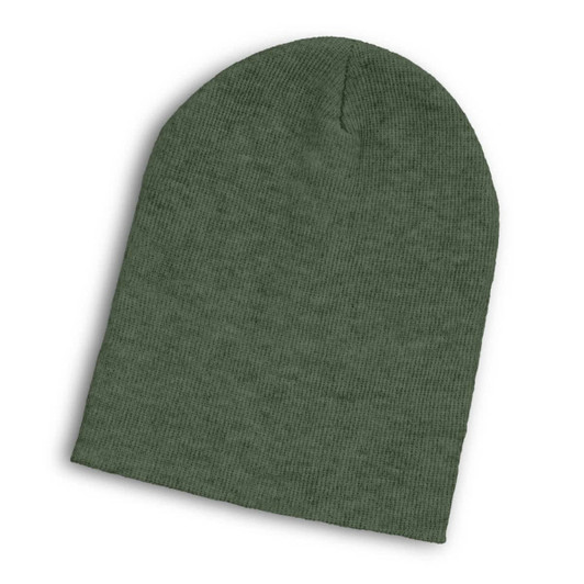 A green Heather Slouch Beanie with a ribbed texture and a rounded crown, featuring a small logo.