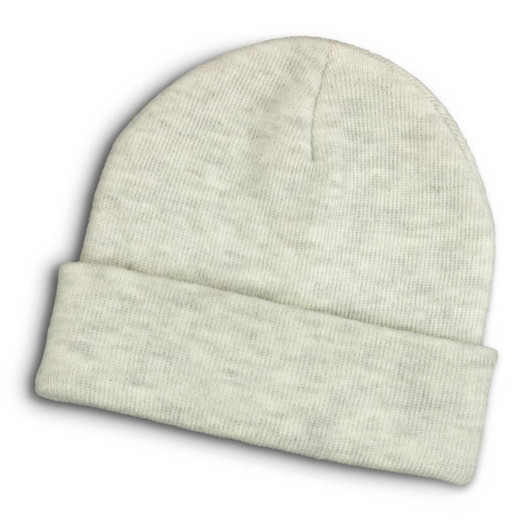 A light grey beanie with a folded cuff, featuring a subtle textured pattern and a small logo.