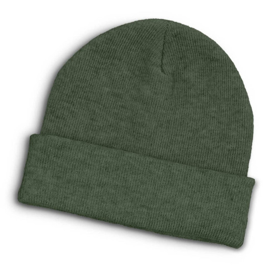 A dark green beanie with a folded cuff and a textured knit design. It features a logo on the side.