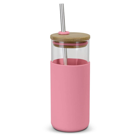 A glass tumbler in pink with a bamboo lid and stainless steel straw. It features a silicone sleeve.