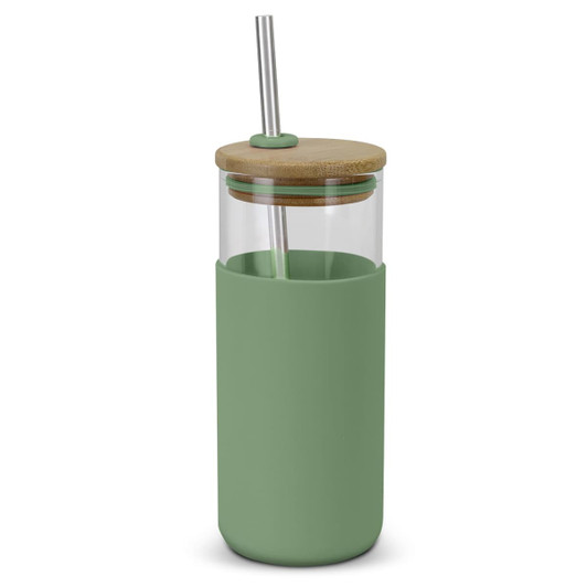 A glass tumbler in a muted green colour, featuring a bamboo lid and stainless steel straw.