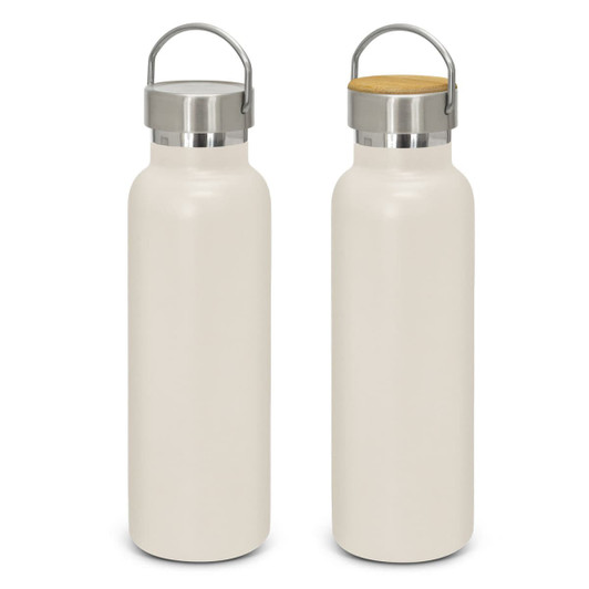 A drink bottle featuring a powder-coated cream finish with a stainless steel lid and a wooden accent. It has a logo.