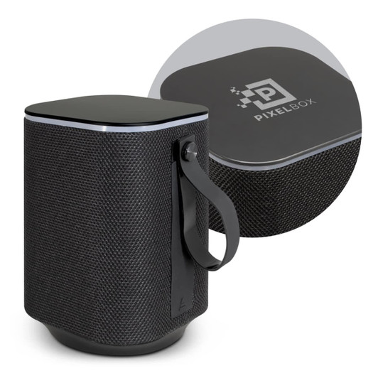 A cylindrical black Bluetooth speaker with a textured surface and a carrying strap. It features a logo on the top.