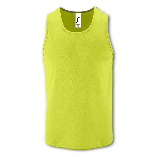A bright yellow men's tank top with a logo, featuring a sleeveless design.