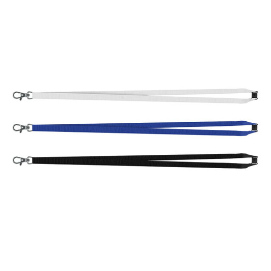 A set of three lanyards in white, blue, and black, each with a metal clip and branding.