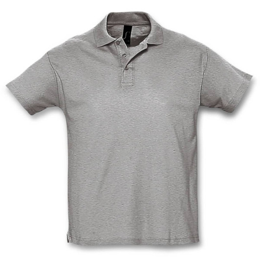 A light grey polo shirt with a collar, featuring a button placket and a small logo.
