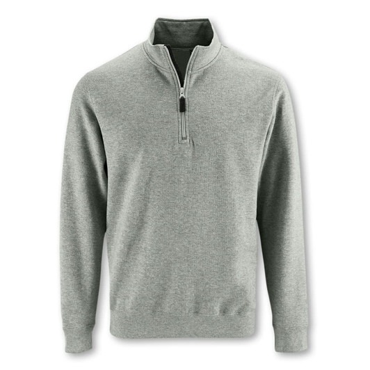 A unisex sweatshirt in a light grey colour with a half zip and long sleeves. It features a logo.