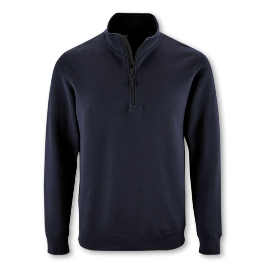 A navy unisex sweatshirt featuring a quarter zip and long sleeves, displayed against a plain background.