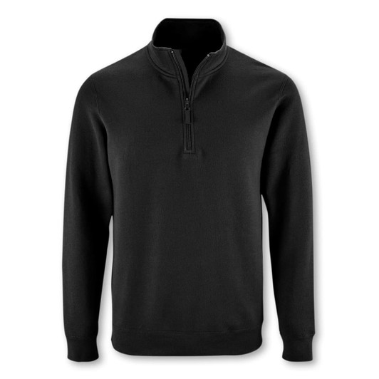 A black unisex sweatshirt with a quarter zip and long sleeves. It features a logo on the chest.
