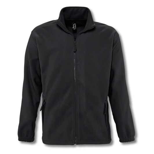 A black fleece jacket with a full zip, two side pockets, and a stand-up collar. It features a branding logo.