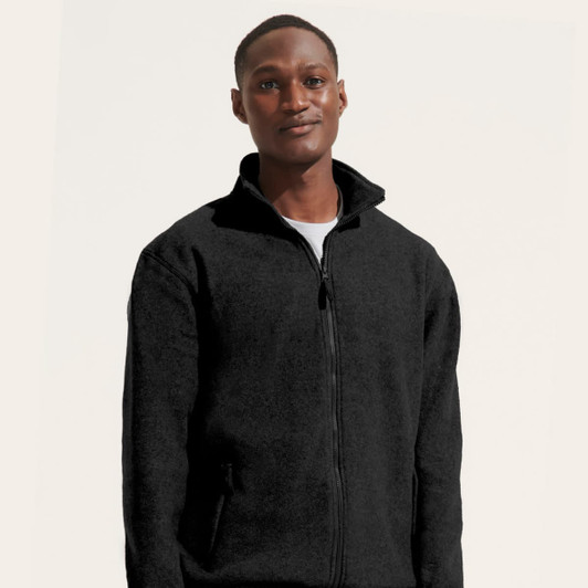 A men's polar fleece jacket in black, featuring a zip closure and side pockets, with a logo on the chest.