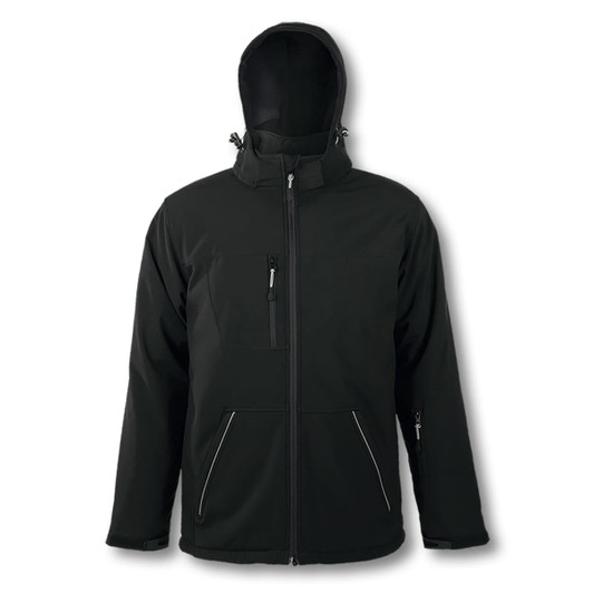 A black men's softshell jacket with a hood, featuring zipped pockets and a logo.