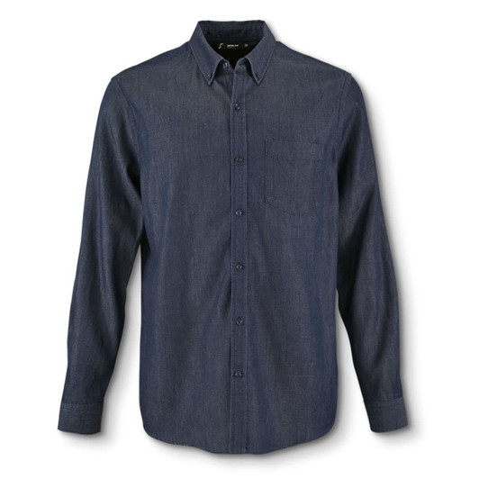 A men's button-up shirt in dark denim with a chest pocket and long sleeves. Includes a logo.