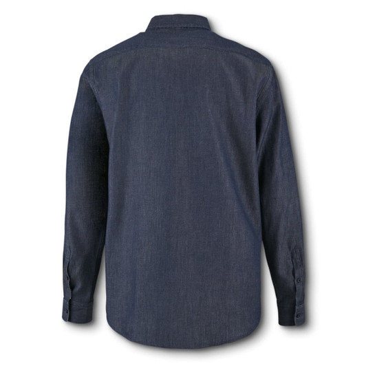 A dark blue denim button-up shirt with long sleeves and a collar, featuring a logo on the back.