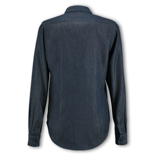 A women's denim button-up shirt in dark blue with long sleeves and a collared neckline.