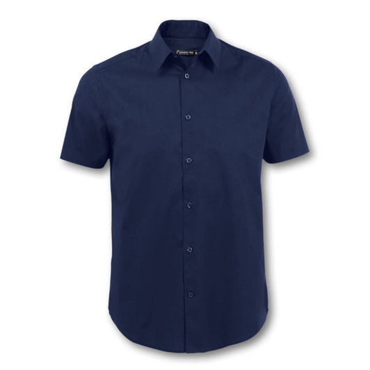 A navy blue button-up shirt with short sleeves and a collar, featuring a logo on the label.