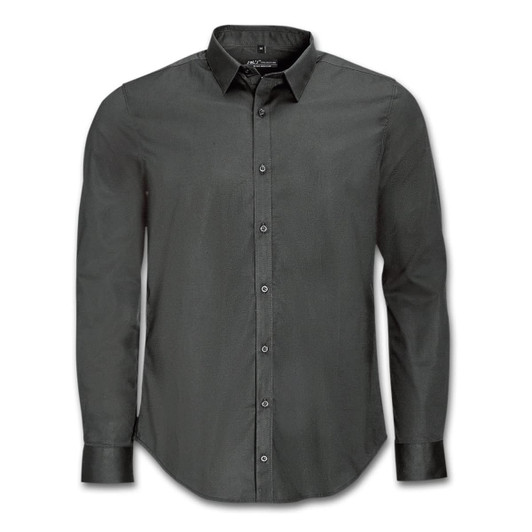A button-up long sleeve shirt in black, featuring a collar and a branded logo.