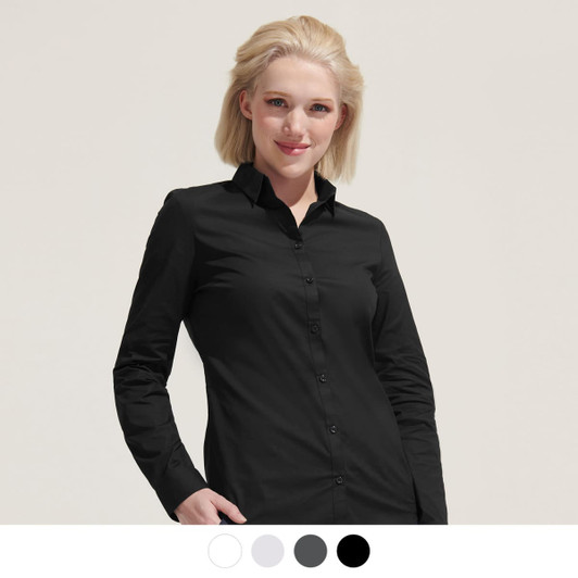 A women's long sleeve button-up shirt in black with a collar and a fitted design. It features a logo on the fabric.