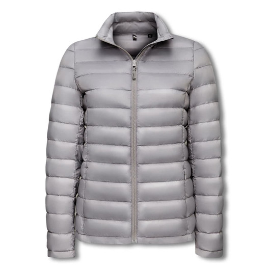 A light grey women's puffer jacket with a zip front and a high collar. It features a logo on the chest.