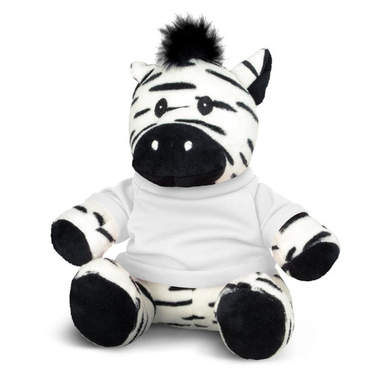 A plush zebra toy with black and white stripes, wearing a white shirt, featuring a black tuft on its head.