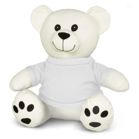 A plush toy bear in white with a friendly face and black accents, wearing a plain white shirt.