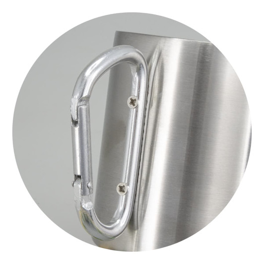 A stainless steel coffee mug featuring a silver carabiner handle. The mug has a sleek finish and includes a logo.