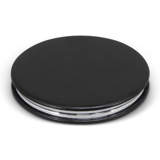 A black compact mirror with a sleek, circular design and a silver rim, featuring a logo.