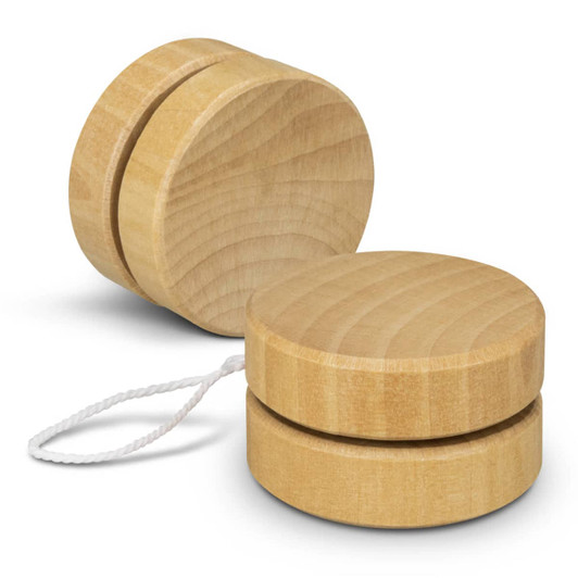 A wooden yoyo in a light wood colour with a string attached, featuring a smooth, rounded design.