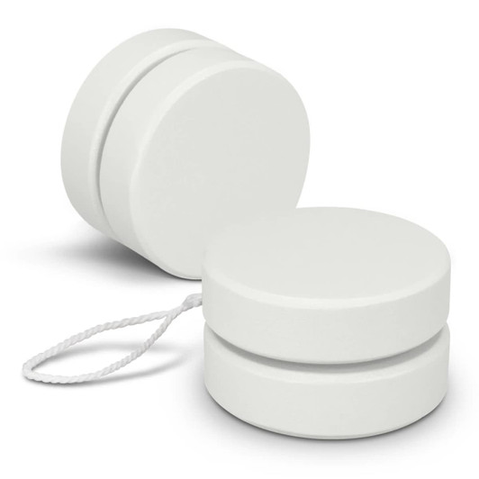 A white wooden yoyo with a string, featuring a simple circular design with a smooth finish. It has a logo on one side.