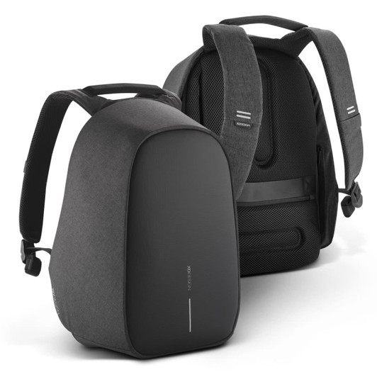 A grey backpack with a sleek design, featuring adjustable straps and a padded back for comfort.