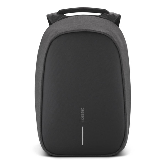 A sleek grey backpack with a minimalist design and a black front panel, featuring a logo on the surface.