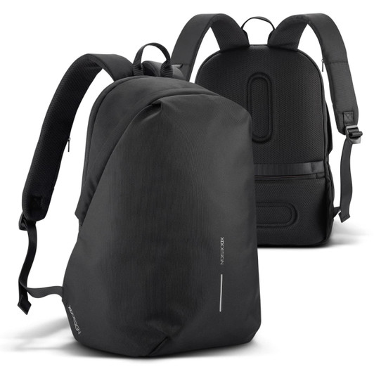 A black backpack with a sleek design, featuring padded straps and a textured back panel, has a logo.