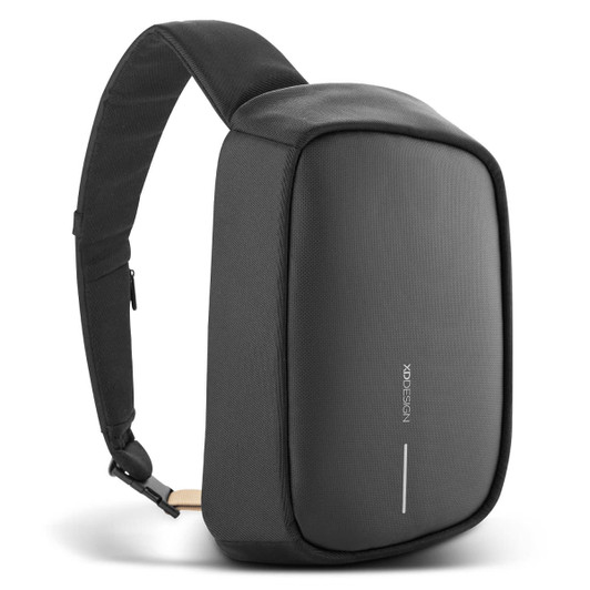 A black sling bag with a slim design, featuring a textured surface and a strap for easy carrying.