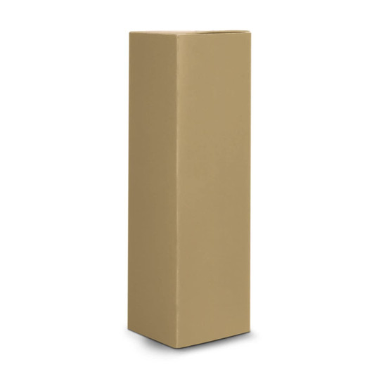 A tall, brown cylindrical product packaging with a plain design, featuring a logo.