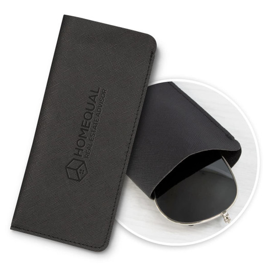 A black sunglasses pouch with a sleek design, featuring a logo on the surface. The pouch is partially open, revealing sunglasses.