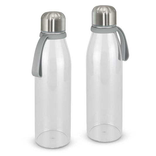 A drink bottle with a transparent body, stainless steel top, and a grey silicone strap. It features a logo on the cap.