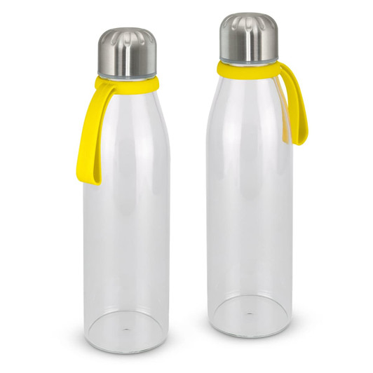 A drink bottle in clear plastic with yellow rubber grip and silver cap, featuring a logo on the side.