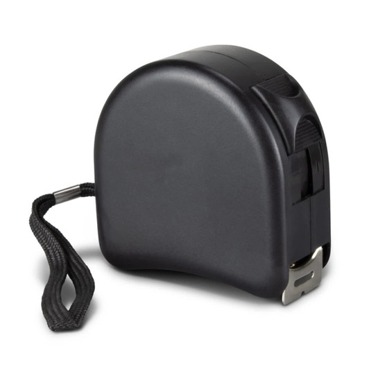 A black tape measure with a retractable mechanism and a strap for easy carrying.