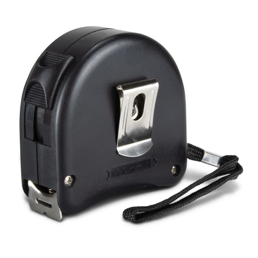 A black tape measure with a metal clip and a strap for easy carrying. It has a branded logo on its surface.