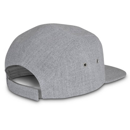 A grey cap with a flat brim and adjustable strap at the back, featuring ventilation eyelets.