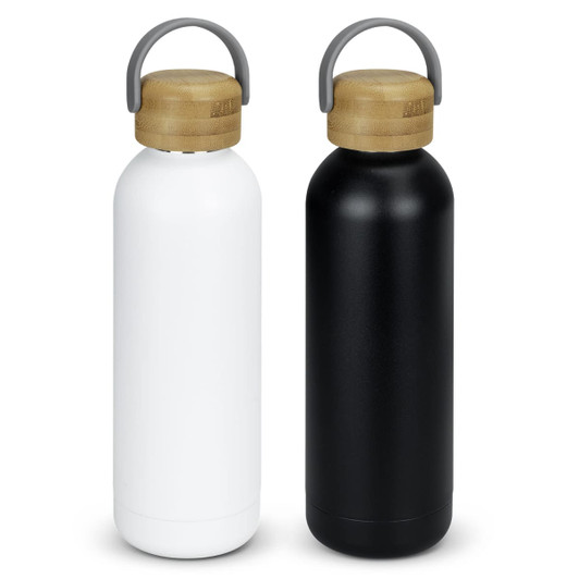 A drink bottle in white and black with a bamboo lid and a carry handle, featuring a logo.