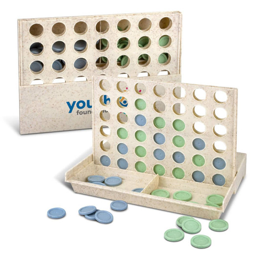 A Four in a Row game set featuring a light-coloured frame with green and blue playing pieces scattered around.