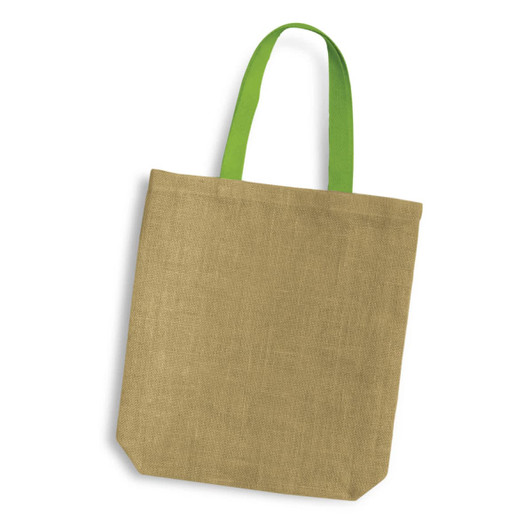 A jute tote bag with a natural beige body and bright green handles, featuring a logo on one side.