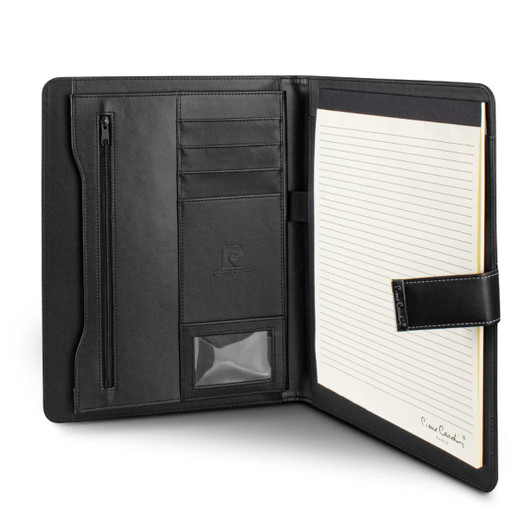 A black portfolio with a zip pocket, card slots, and a notepad, featuring a logo on the inside.