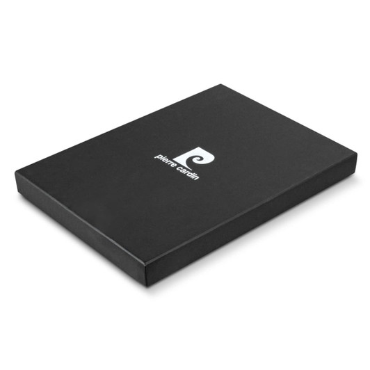 A black portfolio with a logo on the cover, featuring a sleek and minimalist design.