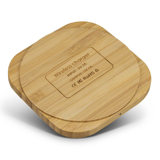 A square bamboo wireless charger featuring a natural finish and a branded logo on the underside.