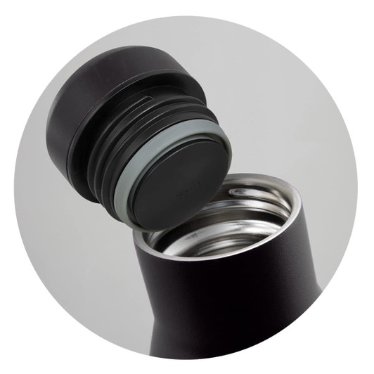 A drink bottle featuring a black exterior with a grey lid, showcasing the opening and stainless steel interior.