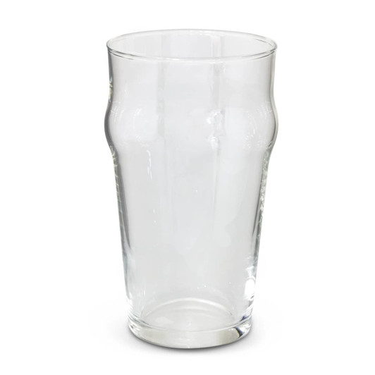 A clear, tall beer glass featuring a smooth design and a slight curve at the top.