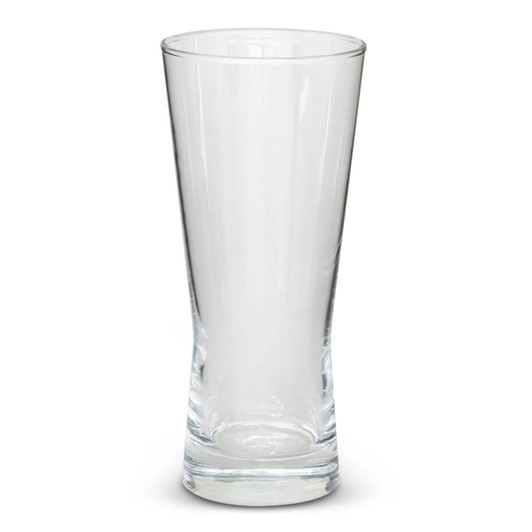 A clear beer glass with a tapered shape and a thick base, featuring a logo.