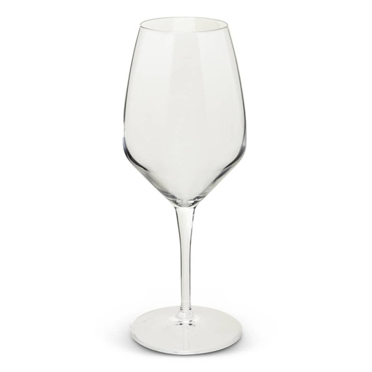 A clear, elegant 440ml wine glass with a slender stem and a wide bowl, featuring a simple logo on the base.